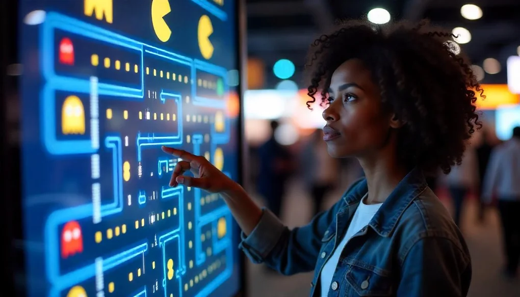 Participante interagindo com um jogo digital em uma tela touch em evento